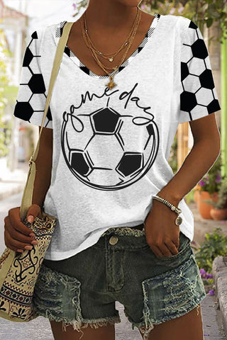 Game Day Soccer Ball Plaid Print V-Neck T-Shirt