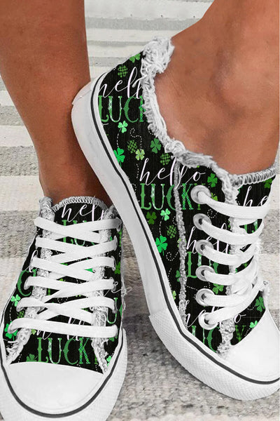 Hello Lucky St Patrick's Day Shamrocks Black Green Vintage Printed Canvas Shoes Sneakers