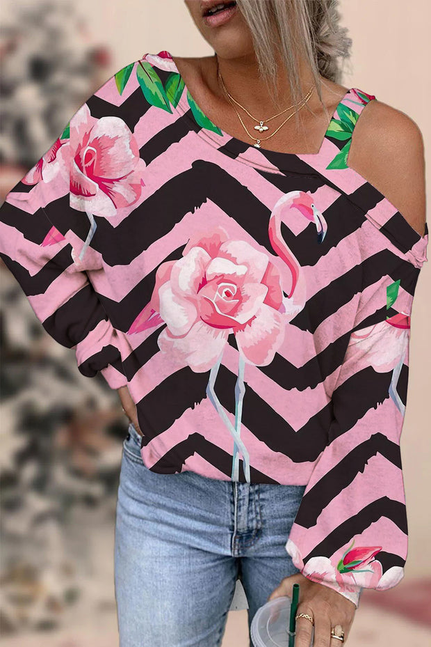 Stripe Flamingo Print Off-shoulder Blouse