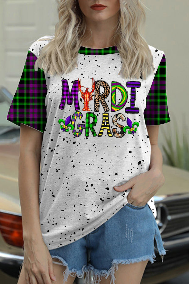 Mardi Gras Plaid Crawfish With Fleur De Lis Polka Print T-Shirt