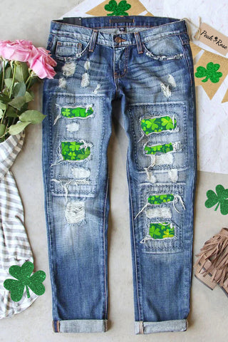 Happy St. Pattys Day Good Luck Green Shamrocks Printed Ripped Jeans