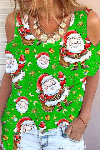 Retro Vintage Christmas Santa Claus Print Cold Shoulder T-Shirt