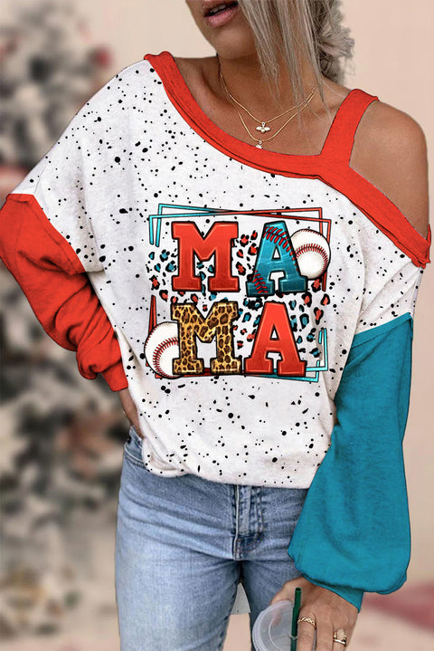 Casual Leopard Baseball Mama Polka Dots Print Off-Shoulder Blouse