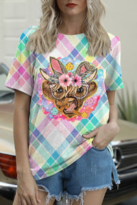 Easter Bunny Highland Cow With Glasses Farmers Cross Macarons Plaid Print Round Neck T-shirt