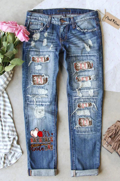 It Is A Baseball Kinda Day Print Ripped Denim Jeans