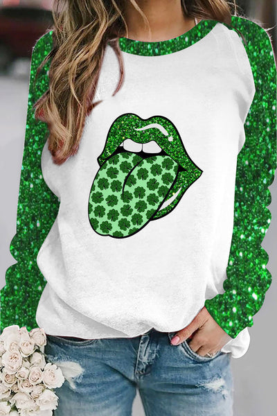 Green Glitter Shamrock Lips Print Long-Sleeved Sweatshirt