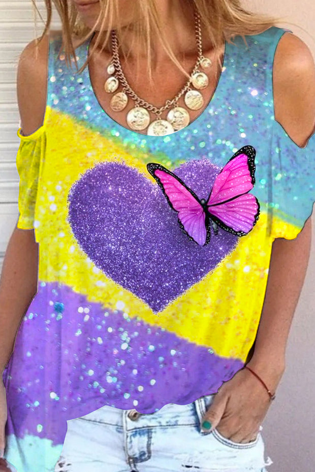 Glitter Heart Butterfly Sparkles Print Cold Shoulder T-Shirt