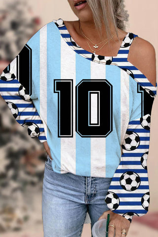 Blue Stripe Game Day Soccer Sleeve Off-shoulder Blouse