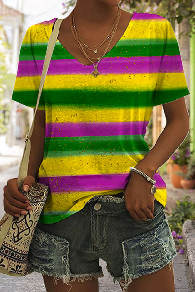 Vintage Mardi Gras Carnival Purple Green And Gold Splash Color Block Print V Neck Short Sleeve T-shirt