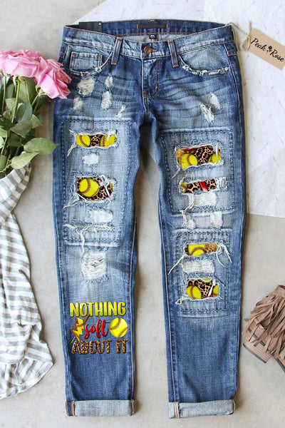 Western Nothing Soft About It Softball Sport Polka Dots Print Ripped Denim Jeans