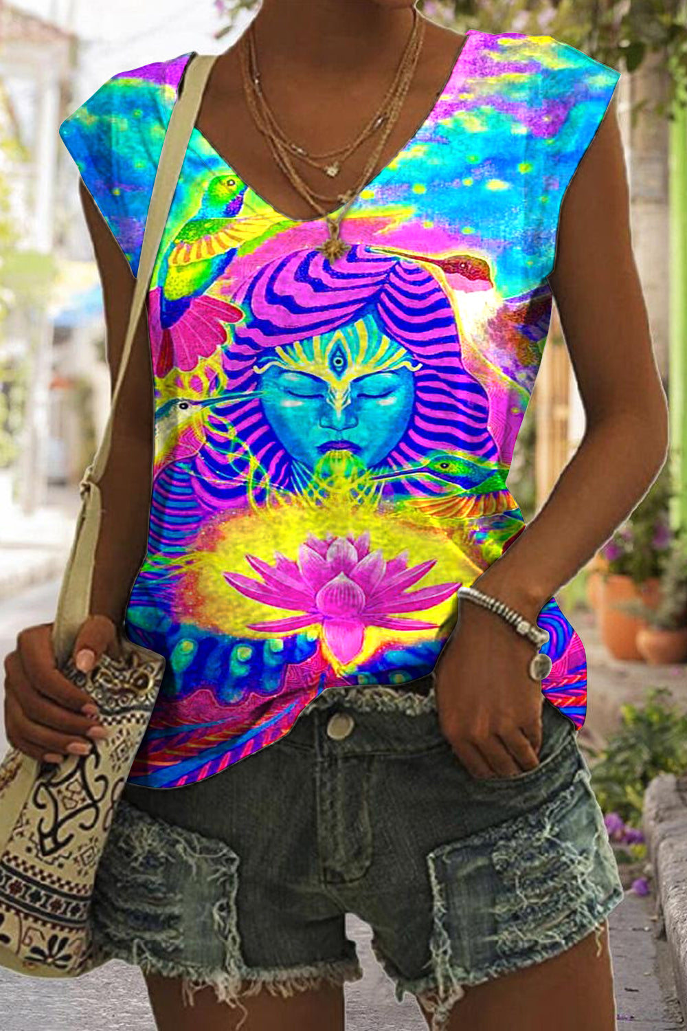 Retro Hippie Art Goddess Tie Dye Print Sleeveless V-neck Tank