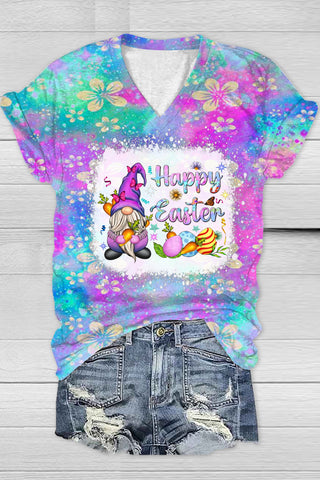 Rainforest Flowers Galaxy Happy Easter Gnomes With Bunny Ears Printed V-Neck T-shirt
