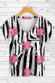 Retro Pink Rose Thorns Zebra Print V-neck T-shirt Short Sleeve Top