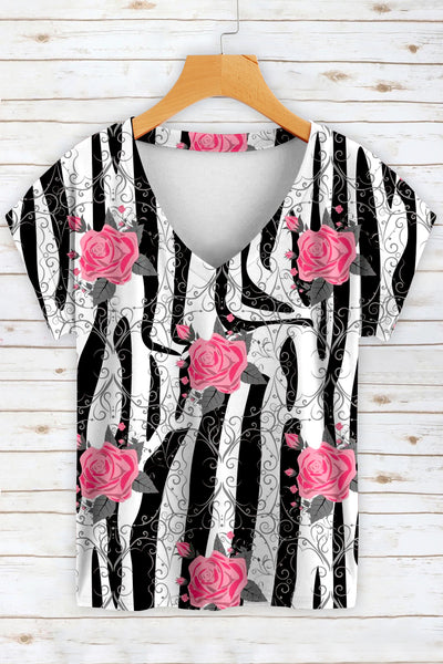 Retro Pink Rose Thorns Zebra Print V-neck T-shirt Short Sleeve Top