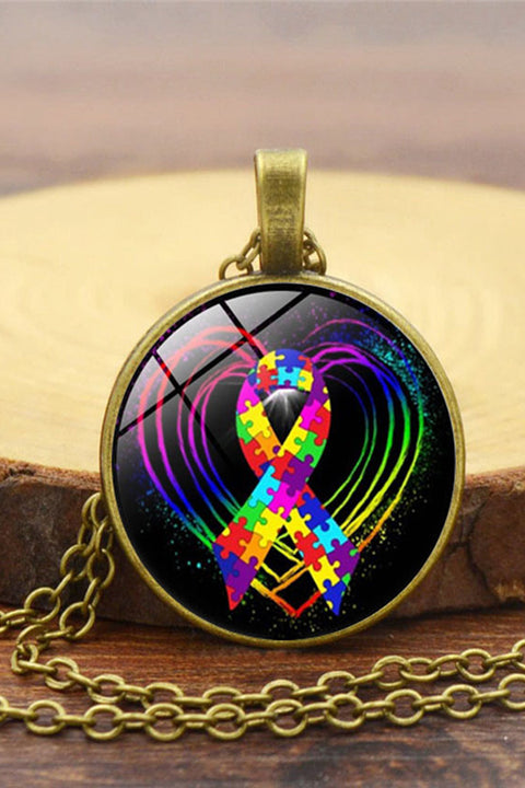 Autism Awareness Acceptance Love Multicolour Puzzle Ribbon Necklace