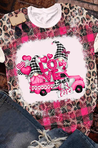 Gnomes Love Truck Heart-Shaped Balloons Leopard Plaid Print T-Shirt