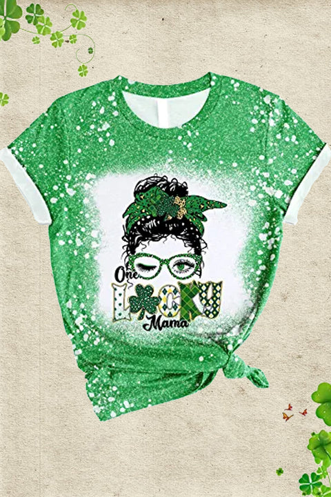 St. Patrick's Day Messy Bun Lucky Mama Bleached Print T-Shirt