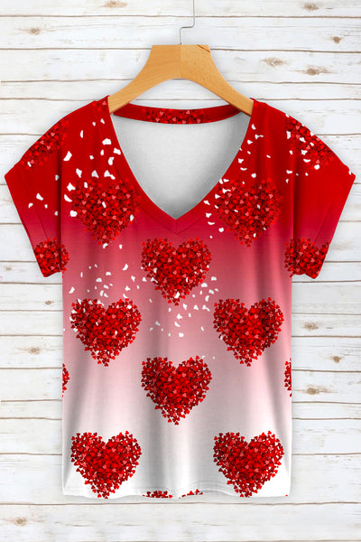 Red Heart-Shaped V-Neck Shift Casual T-Shirt