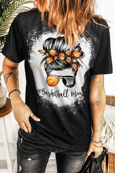 Leopard Basketball Mom Messy Bun Bleached Print T-Shirt