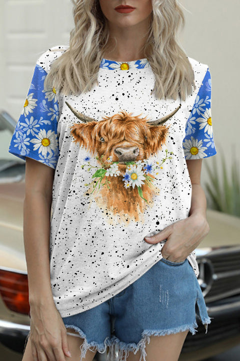 Daisy Floral Highland Cow Spring Print Round Neck T-shirt