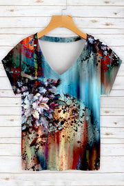 Casual Vintage Flower Bouquet Printed V Neck Short Sleeve T-shirt