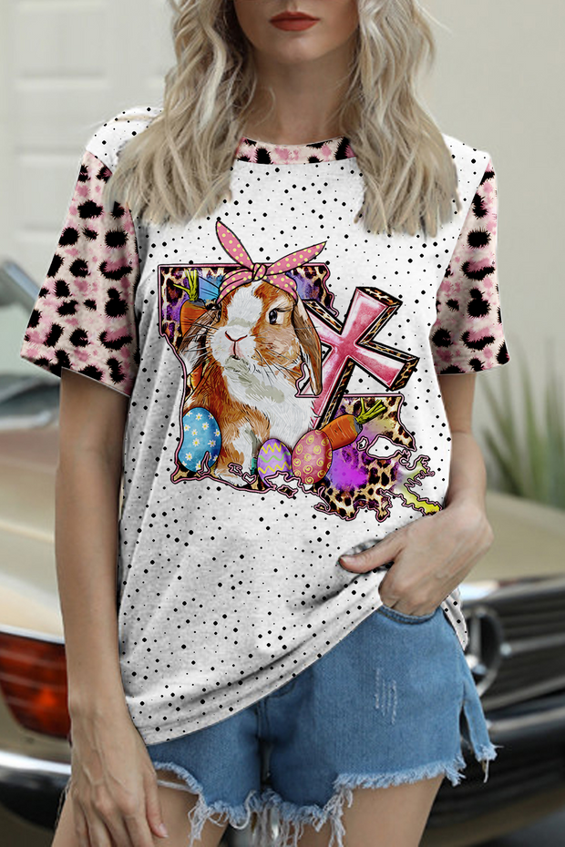 Easter Bunny Egg Pink Leopard Polka Round Neck T-shirt