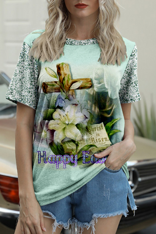 Glitter Happy Easter Easter Cross & Lilies Round Neck T-shirt