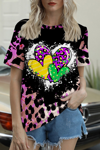 Purple Leopard Plaid Mardi Gras Love Round Neck Short Sleeve T-shirt