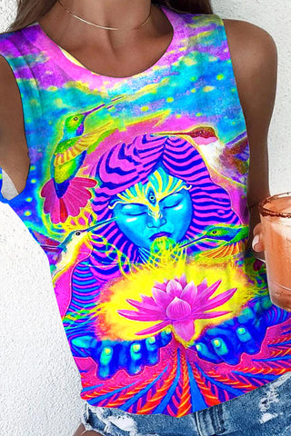 Retro Hippie Art Goddess Tie Dye Print Tank Top
