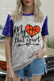 Basketball Day My Heart Is On That Court Print Round Neck T-shirt