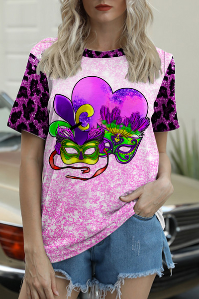 Mardi Gras Heart Bright Purple Leopard Short-sleeved T-shirt Top