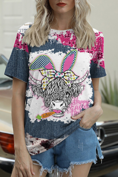 Happy Easter Heifer Denim Print Splicing Round Neck T-shirt