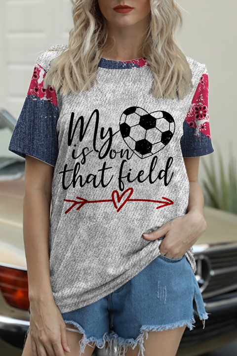 My Heart Is On That Field Denim Print Splicing Round Neck T-shirt