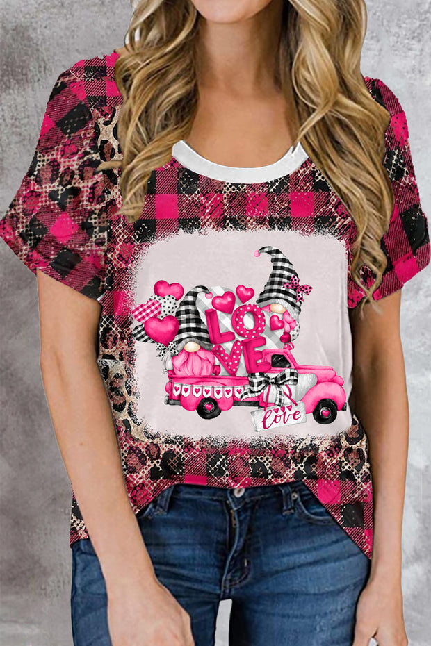 Gnomes Love Truck Heart-Shaped Balloons Leopard Plaid Print T-Shirt