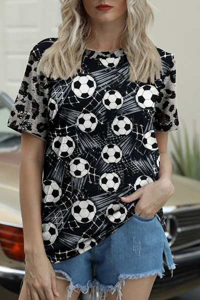 Game Day Soccer Ball And Leopard Printed Round Neck T-shirt