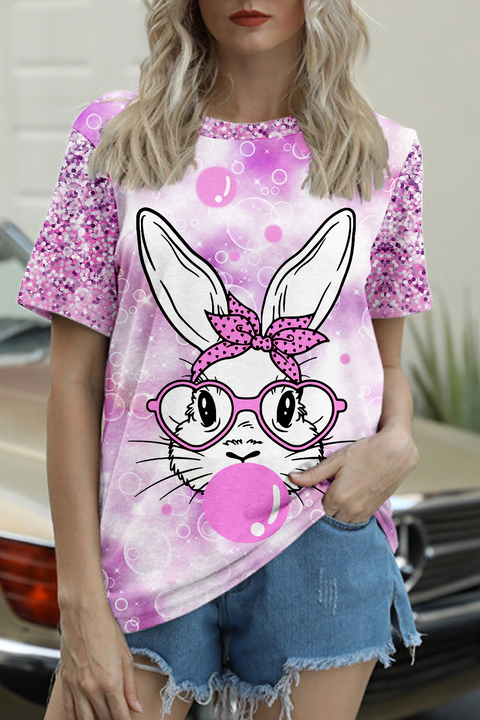 Easter Bunny Bubble Gum Blowing Rabbit Round Neck T-shirt