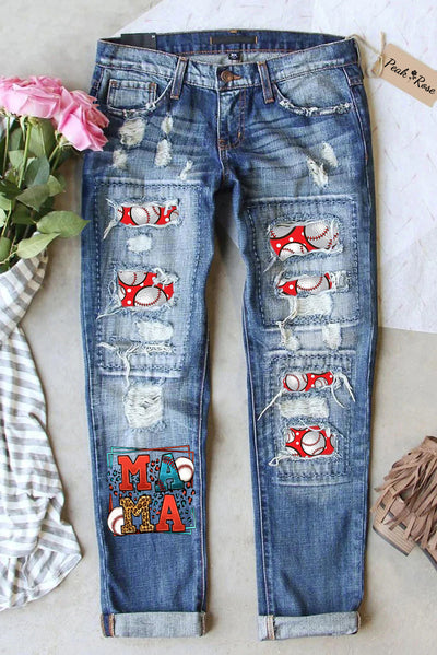 Casual Leopard Baseball Mama Polka Dots Print Denim Jeans