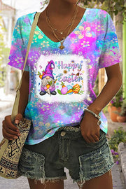 Rainforest Flowers Galaxy Happy Easter Gnomes With Bunny Ears Printed V-Neck T-shirt