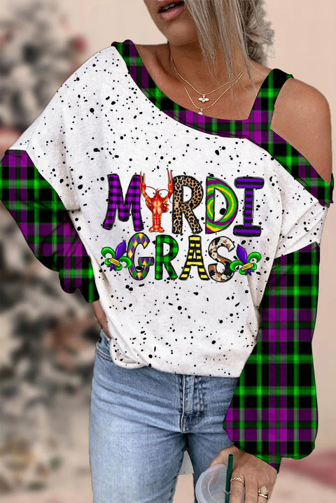 Mardi Gras Plaid Crawfish With Fleur De Lis Polka Print Off-Shoulder Blouse