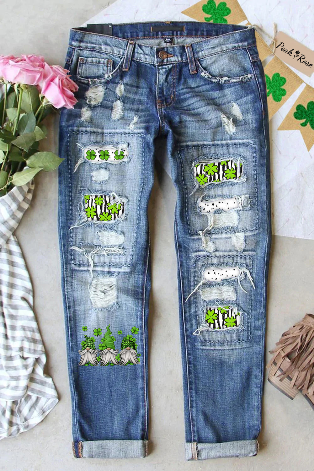 Green Leopard Lucky Clover Gnomes Polka Dots Print Ripped Denim Jeans