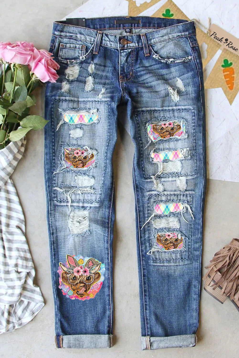 Easter Bunny Highland Cow With Glasses Farmers Cross Macarons Plaid Print Ripped Denim Jeans