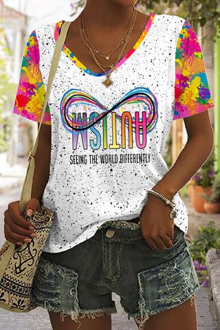 Autism Infinity Rainbow Seeing The World Differently Printed V Neck T-shirt
