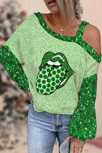 Green Glitter Shamrock Lips Print Strapless Off-Shoulder Long-Sleeved Blouse