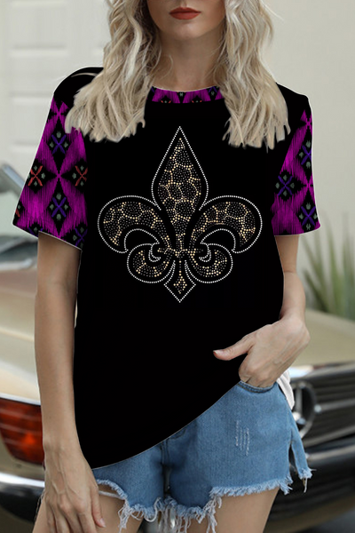 Mardi Gras Crystal Leopard Pattern Short-sleeved T-shirt Top