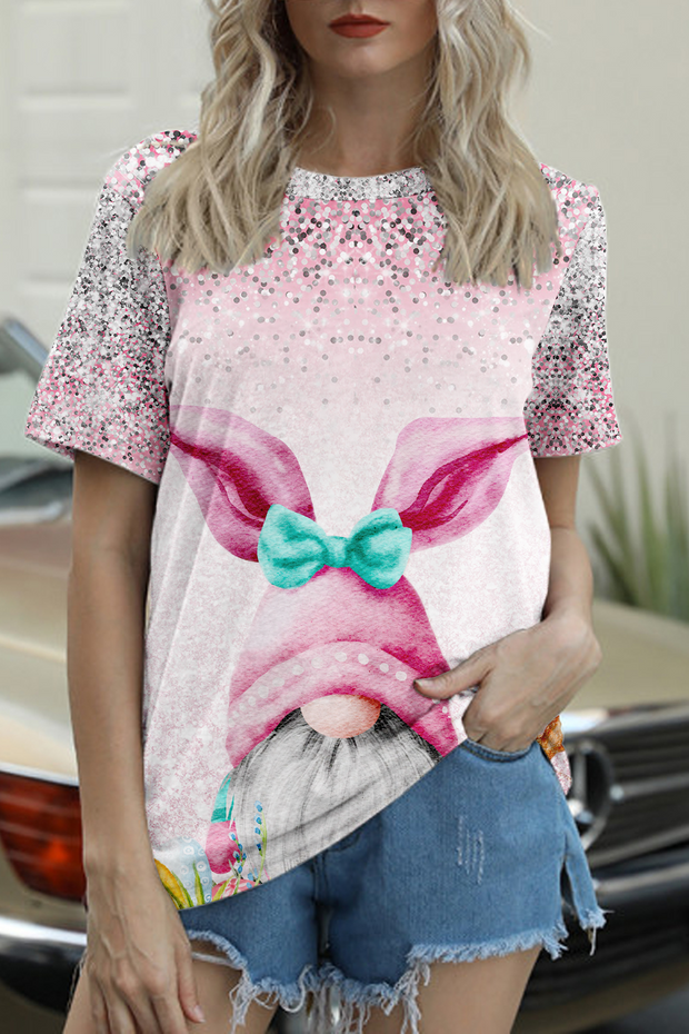 Easter Glitter Pink Rabbit Gnomes and Easter Eggs Round Neck T-shirt