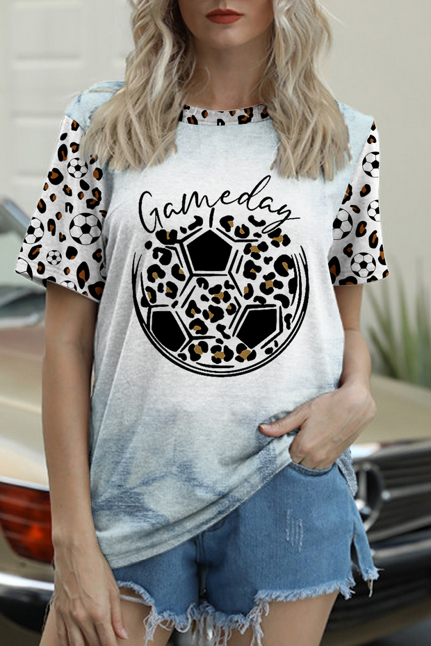 Game Day Soccer & Leopard Pattern Round Neck T-shirt