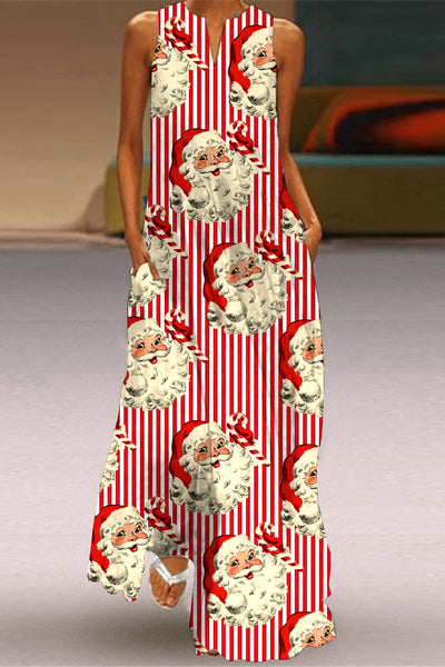 Red Striped Christmas Santa Print V-Neck Sleeveless Maxi Dress