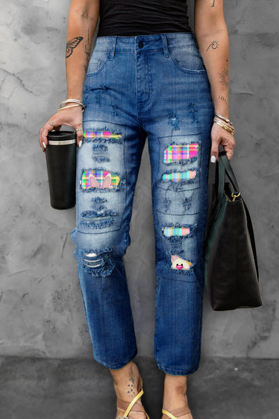 Happy Easter Day Bunny Colorful Plaid  Ripped Denim Jeans