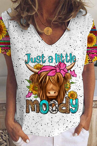 Just A Little Moody Western Leopard Sunflower Print V Neck T-shirt