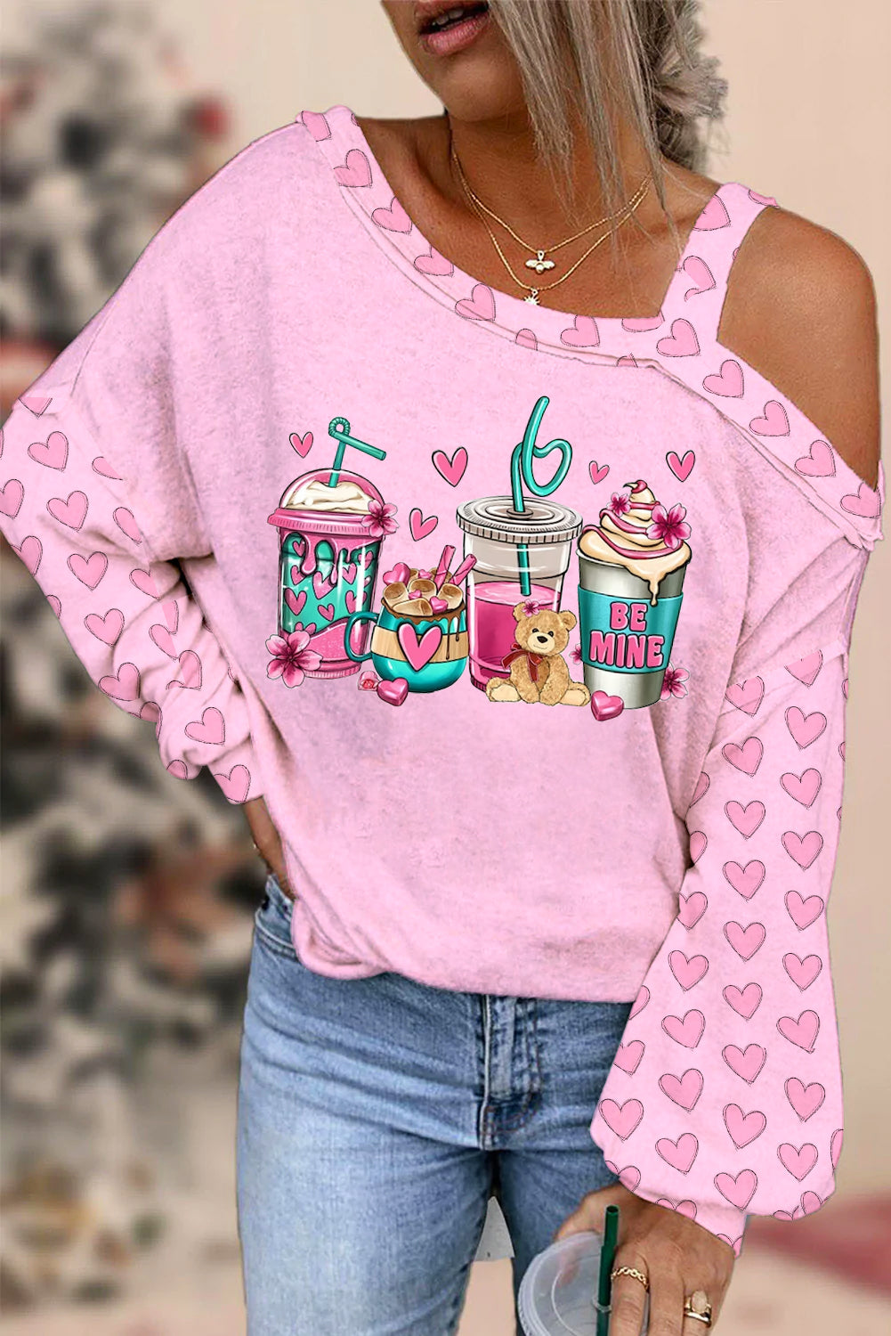 Love Coffee Cups Pink Heart Print Off-Shoulder Blouse